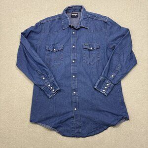 Vintage Wrangler Denim Pearl Snap Shirt Mens XLT Blue Cowboy Western Workwear